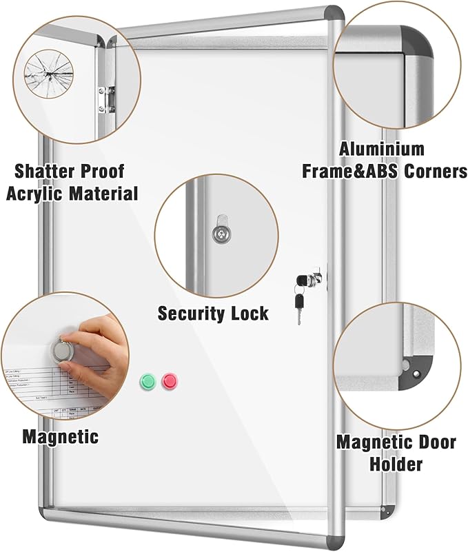 Mifuro 38"x28" Enclosed Bulletin Board, Lockable Weather-Resistant Aluminum Noticeboard for School & Office, Silver Frame w/Magentic Whiteboard
