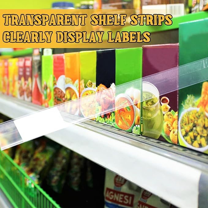 Fainne 100 Pcs 1.25 Inch Shelf Label Strip Holders Plastic Wire Shelf Price Tag Holder Self Adhesive Clear PVC Front and Back Labels Strip for Gondola Price Tag Wood Metal Rack, 48 Inches Long
