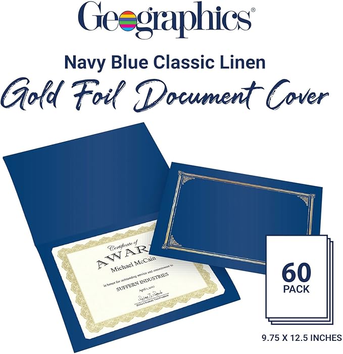 Geographics Classic Linen Document Covers 12.5” x 9.75” Navy Blue 60 Pack - Certificate Holders, Diploma Holder, Frame Documents - Premium Linen Texture for Professional Presentation