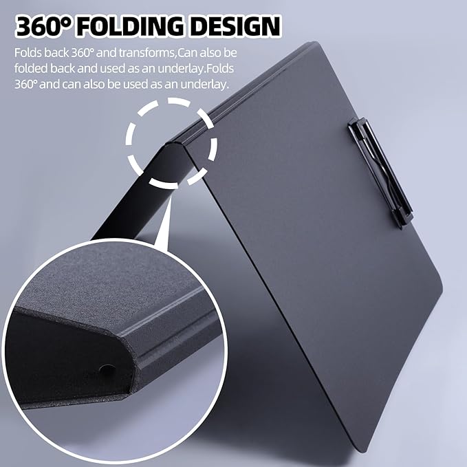 FRETONBA Clipboard Folder, A4 Foldable Clipboard with Horizontal and Vertical Double Metal Clips, 360 Degree Foldable Binder Clipboards with Pen Holder, File Cover Work Folder Clipboards, Black