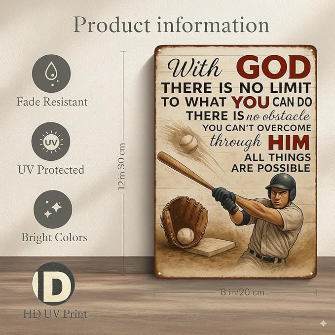 Vintage Christian Baseball Metal Sign – Inspirational Sports Wall Art for Boys Room, Gym, or Man Cave – Faith Gift for Baseball Players, Dads, and Believers* (Christian Baseball-01)