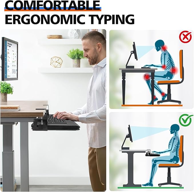 OUKMIC Large Keyboard Tray Under Desk Slide Out with Sturdy C-Clamp Mount and Storage Drawer, 27" (31" Including Clamps) x 12" Ergonomic Keyboard Trays for Home and Office, Black