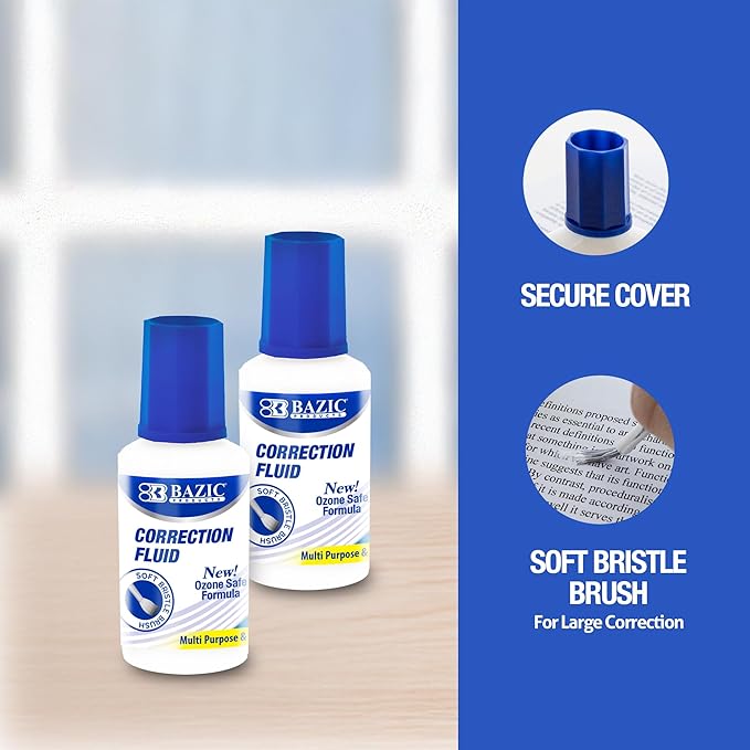 BAZIC Products Correction Fluid (0.7 oz / 20 ml), Soft Bristle Brush Applicator, Instant Corrections Pen White Out Wipe Out Liquid (2/Pack), 1-Pack