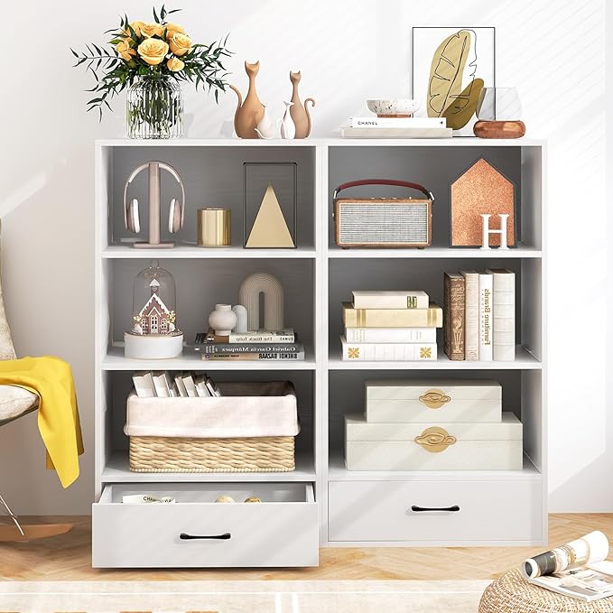 LOKO 4-Tier Bookcase with Storage Drawer, Modern Organizer Display Storage Shelves with Anti-toppling Device, Freestanding Bookshelf with 3 Open Shelves & 1 Drawer, Living Room, Study, Office (White)
