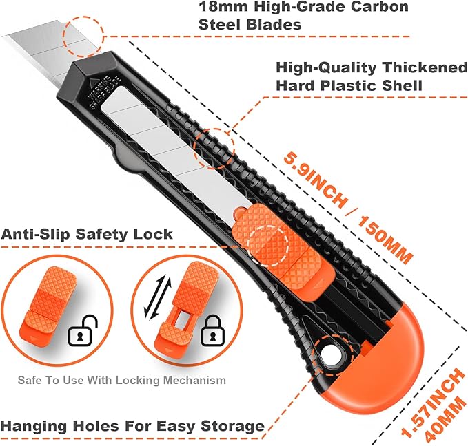 JOYUMY 3 Pack Utility Knife Box Cutter Retractable, Compact Box Knife for Cartons, Cardboard and Boxes, with 10 Piece 18mm Wider Snap-off Blade Razor Sharp Blade, Perfect for Office and Home Use