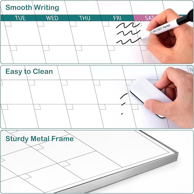 ARCOBIS 3-Month Dry Erase Calendar for Wall, 39"x28" Magnetic Whiteboard Calendar with Silver Aluminum Frame, Monthly Calendar Board for Office, Home, School