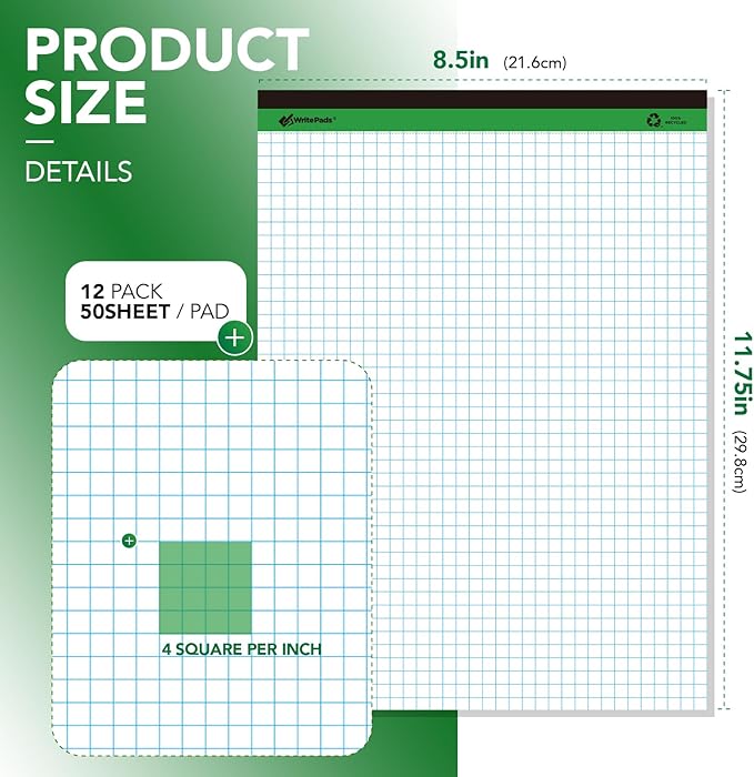 KAISA Graph Paper Legal Pads Writing Pads Recycled Paper 8.5"x11.75" Quad Ruled 4x4 Perforated 50sheets/pad Grid Paper Notepads Writing Tablet White For Office Supplies (White 6pad, 8.5x11.75'')