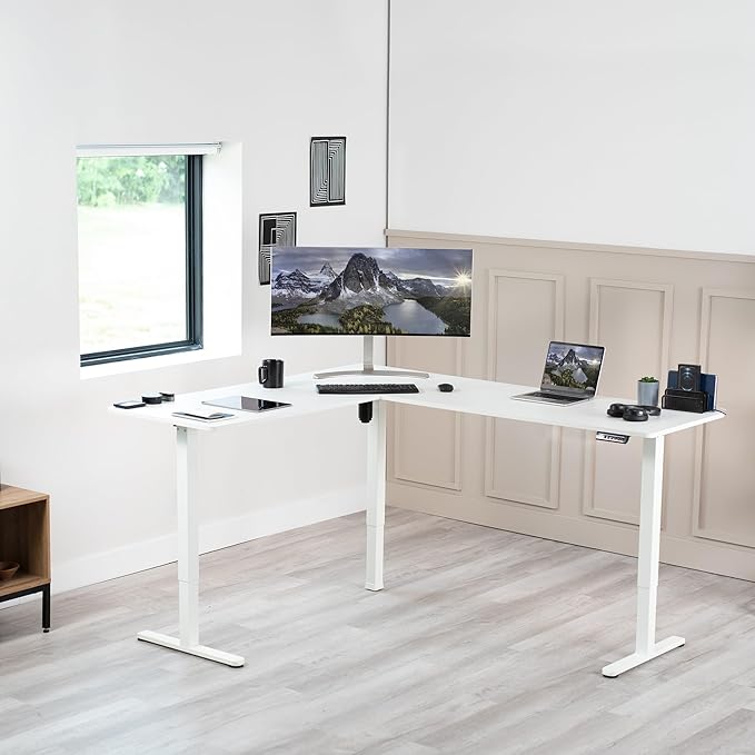 VIVO Electric Corner 75 x 63 inch L-Shaped Standing Desk, Memory Height Adjustment, White Top White Frame, DESK-E3CTW-75