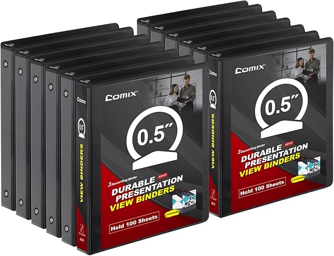 COMIX Sturdy 3 Ring Binder 0.5 inch with Clear View Cover, 1/2" Round Ring View Binder, PVC-Free, 2.4mm-Thick, 100 Sheets Capacity of US Letter Size Paper, Office ＆ School Supplies, Pack of 12 (Black)