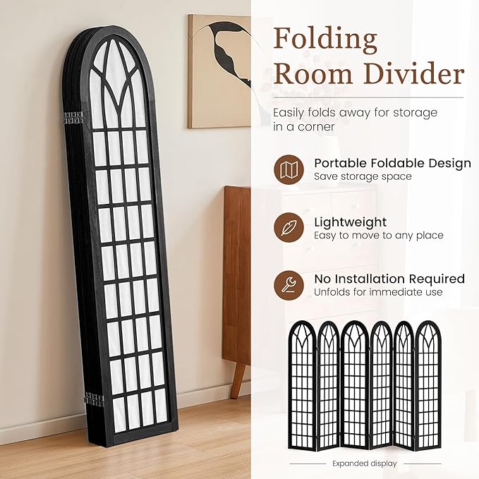 Asnefeli 6 Panel Japanese Room Divider, Shoji Style Partition Divider, Fully Assembled Wooden Privacy Screen for Home Office Bedroom Apartment Decoration, Black