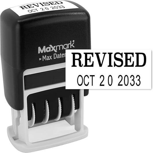 MaxMark Self-Inking Rubber Date Office Stamp with Revised Phrase & Date - Black Ink (Max Dater)
