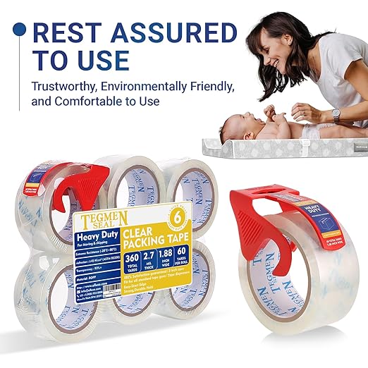 TegmenSeal Heavy Duty Clear Packing Tape with Dispenser Combo for Shipping, Moving & Storage,Thicker Clear Packing Tape, 1.88 inches Wide, 60 Yards Per Roll, 6 Pack 360 Total Yards