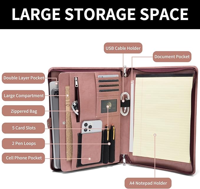 Geslun Personalized Vegan Leather Portfolio, Legal Size 8.5 x 14 Pad Holder, Custom Business Padfolio for Women, Zippered 14" Laptop Organizer, Professional Notepad Folio, Pink