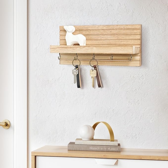 Lwenki Decorative Key Holder for Wall with Shelf, Entryway Shelf with Hooks Holds Leashes, Jackets and Glasses – Sturdy Wood Keyholder Entrance Hanger with Mounting Hardware (Wood, Medium)