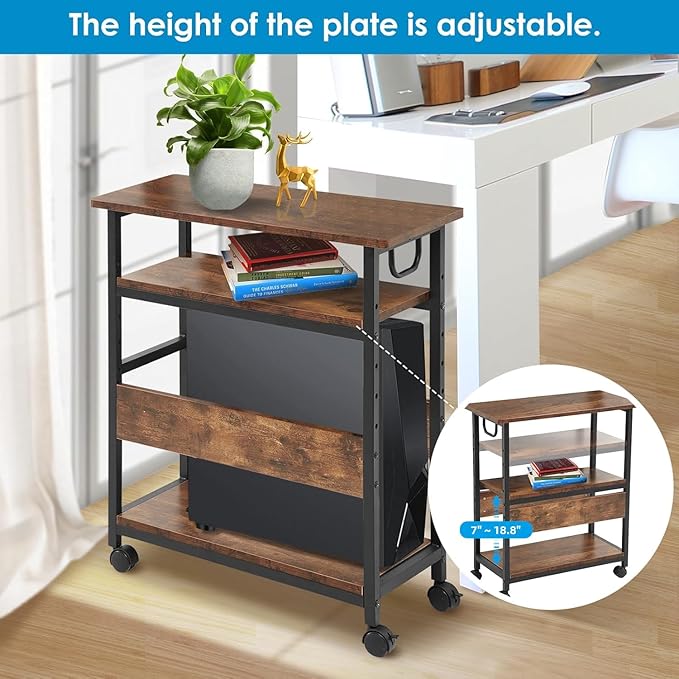 TooCust Computer Tower Stand, Computer & Machine Carts, Computers Towers Floor Stand, PC Towers Shelf, 3-Tier PC Tower Floor Stand with Side Shelf, Mobile Rolling CPU Holder Cart for Home Office