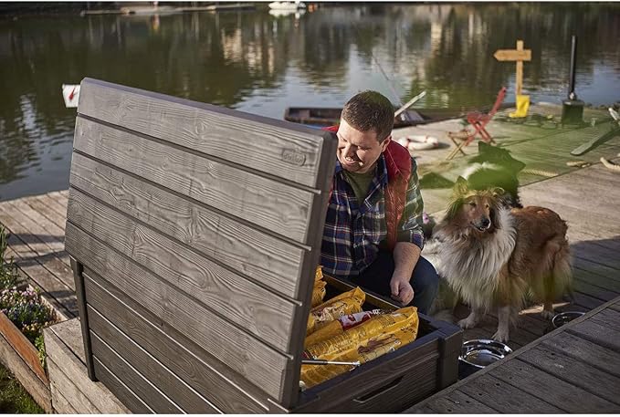 Keter Outdoor Storage Deck Box, for Patio, Backyard & Garden, Brightwood, 120 Gal, Brown - Lockable, Organizing, and Waterproof Plastic Container Bench