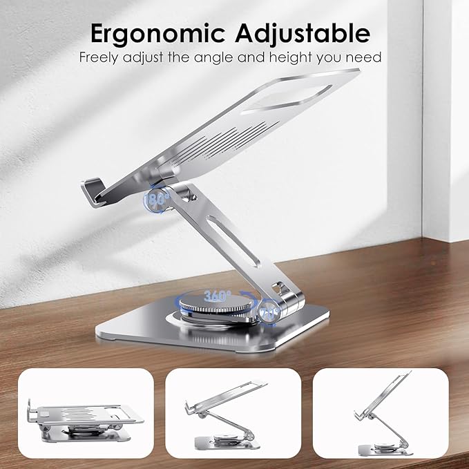 Gorablix Tablet Stand for Desk, 360° Swivel for iPad Holder, Aluminum Adjustable Tablet Holder, Compatible for iPad Pro Air Mini Surface Pro Samsung Galaxy Tabs Kindle, 4-12.9 inch, Silver