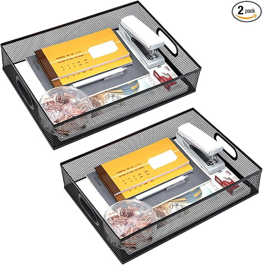 EsOfficce 2Pcs Desk Drawer Organizer, Stable Metal Mesh Desk Storage Tray, Versatile Storage Box Set for Office Home Supplies,13 x 9 inches