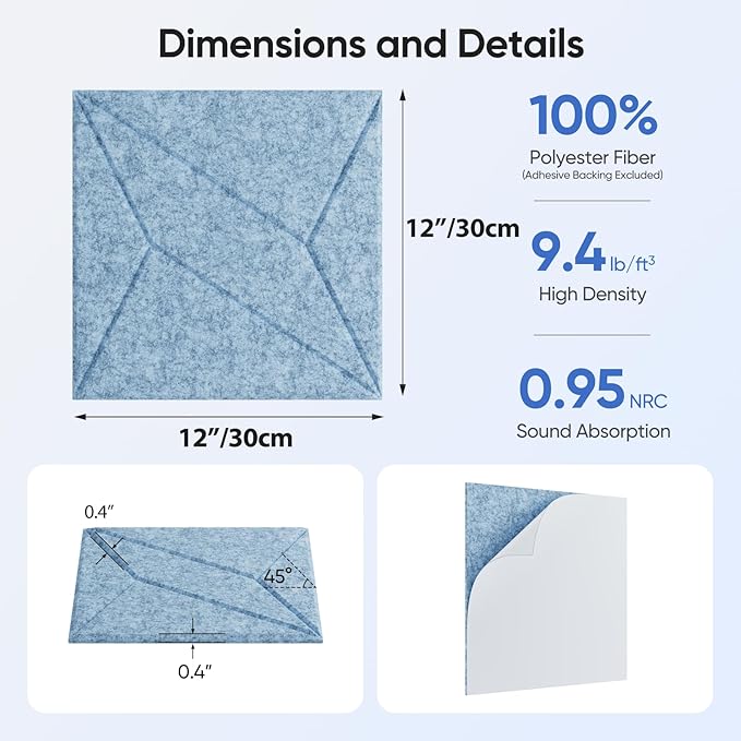 UNECHO 12 Pack 12" X 12" X 0.4" Acoustic Panels for Wall Sound Absorbing, P-Stripes Square Self-Adhesive Sound Panels, High Density Suitable for Multiple Scenarios(Light Sky Blue)
