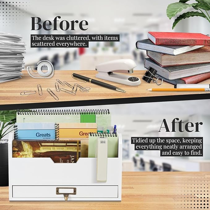 Flexzion 3 Tier Wooden Desk Organizer - Country Rustic Mail Organizer Countertop Compartments Slot File Tray Pencil Sorter Shelf Holder Accessories Set with Storage Drawer for Home Office, Beige Wood