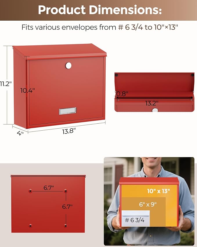 LAND·VOI Locking Wall-Mount Mailbox for Outside, with 4 Keys, Galvanized Steel Rustproof Metal Postbox, 4" Dx13.8 Wx11.2 H, Includes 3 Sets of Mailbox Numbers, Nameplate, Red