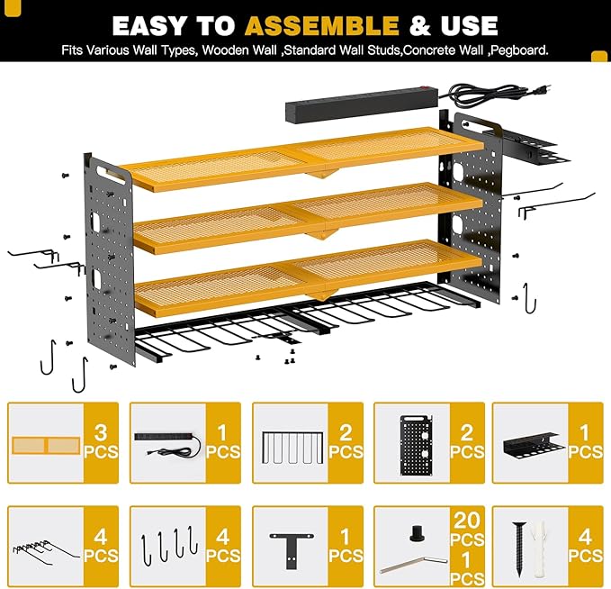 NattyDot Power Tool Organizer Wall Mount with Charging Station, 8 Drill Holder, 4 Layer Storage Rack for Garage Organization, Tool Holder with 8 Outlet Power Strip (Yellow)