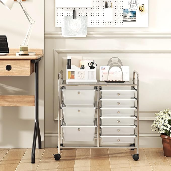 GOFLAME 9-Drawer Rolling Storage Cart, Mobile Utility Cart with Removable Drawers & Metal Frame, Art Craft Organizer Cart with Lockable Wheels, Storage Drawer Cart for Home Office, School, Clear
