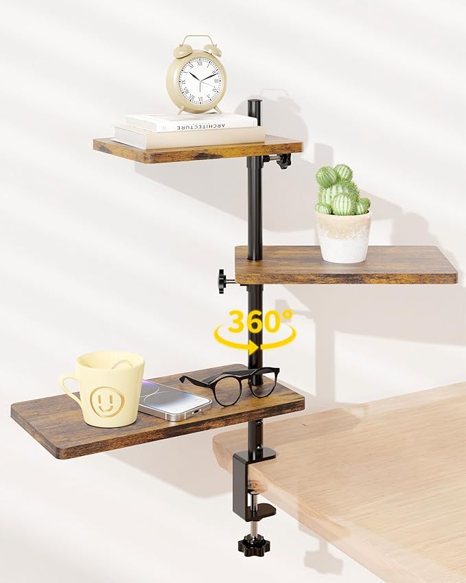ART-GIFTREE 3 Tiers Clamp On Desk Shelf, 360¡ã Angle Adjustable Desktop Shelf Organizer for Home Office Gaming Room, No Drill Desk Extender Adapt to 0.4-2.16 inches Table Thick, Black Brown
