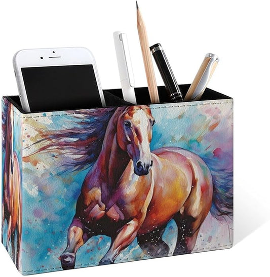 Famame Watercolor Horse Colorful Animal Pencil Holder for Desk, Leather Desktop Container Pen Cup Storage Study Table Pen Organizer Makeup Brushes Holder for Office Home