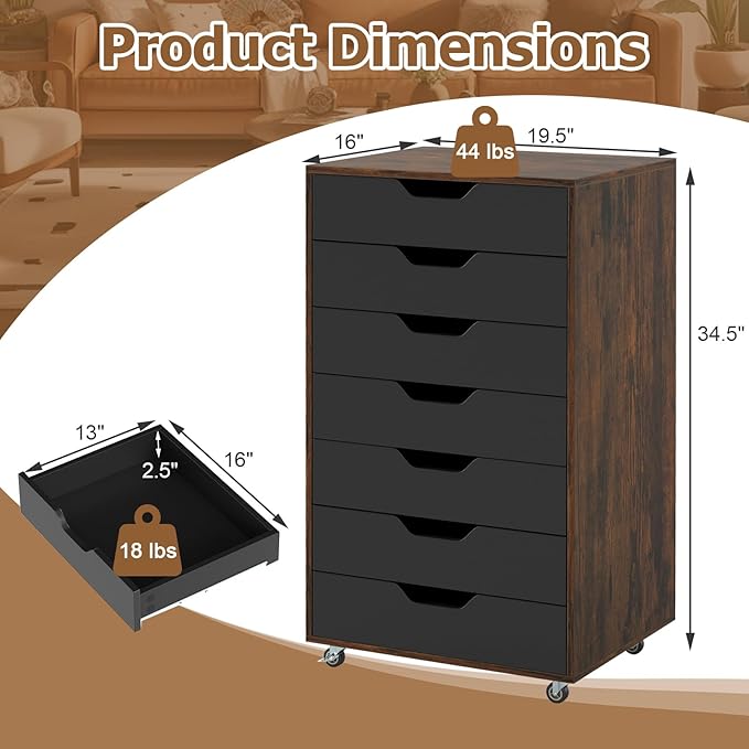 Giantex 7-Drawer Storage Cabinet, Mobile File Organizer with 4 Universal Casters, Wooden Vertical Filing Cabinet on Lockable Wheels for Office, Study, Living Room (19.5” x 16” x 34.5”,Brown+Black)