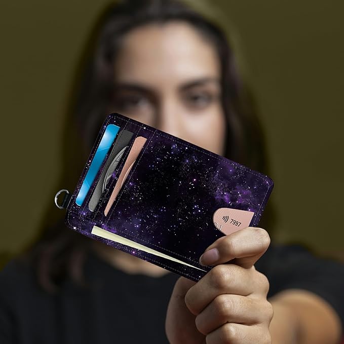 BWEGRHE Small Travel Wallets, Purple Galaxy Slim Minimalist Front Pocket Wallet with Wristlet, RFID Blocking PU Leather Credit Card Holder with ID Window Change Purse for Men Women