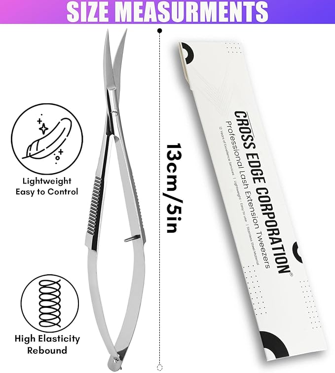 Cross Edge Curved Spring Scissors 5 Inch Stainless Steel Precision Eyebrow & Eyelash Shaping & Trimming Scissor, Snips Squeeze, Embroidery, Knitting Micro Tip Craft Scissors (Silver)