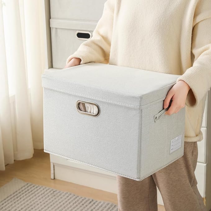 PRANDOM Large Collapsible Storage Containers with Lids [5-Pack] Fabric Foldable Storage Bins Boxes Organizer Baskets Cube with Cover for Home Bedroom Closet Office Beige(17.3x11.8x11.8)