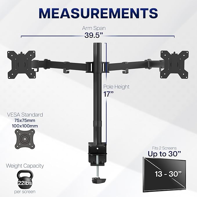 VIVO Dual Ultrawide Monitor Desk Mount, Heavy Duty Fully Adjustable Steel Stand, Holds 2 Computer Screens up to 38 inches and Max 10kg Each, Black, STAND-V038