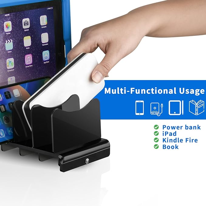 CaSZLUTION Acrylic Multi Device Organizer Stand Base for Portable Charger Power Banks, 4 Slots Desktop Storage Holder Compatible with USB Battery Pack, Phones and Tablets (Stand Only) - Black