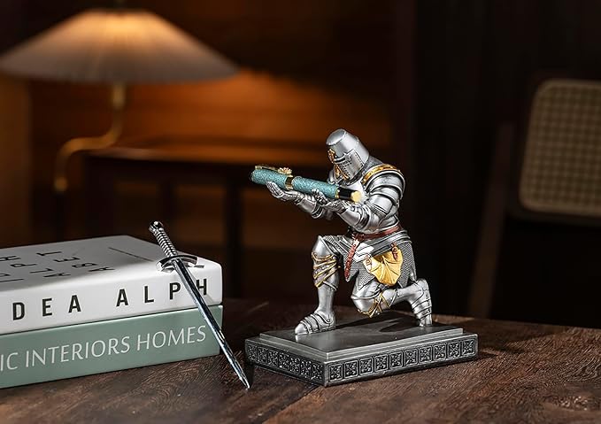 NCQIXIAO Templar Vanguard Soldier Pen Holder Pencil Stand Desk Organizers and Accessories as Gift for Medieval Warrior Enthusiast (Silver)