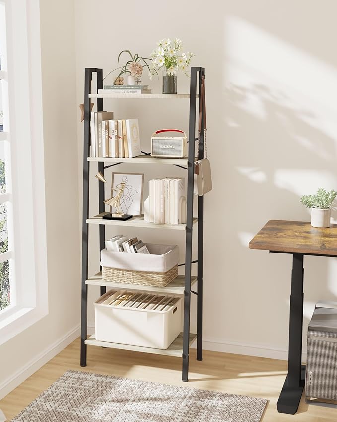 Hzuaneri Ladder Shelf, Bookshelf Bookcase, Freestanding Corner Storage Shelve with 2 Hooks for Home Office, Living Room, Kitchen, Bedroom, Industrial, 11.8" D x 23.6" W x 63" H, Greige BC19305B