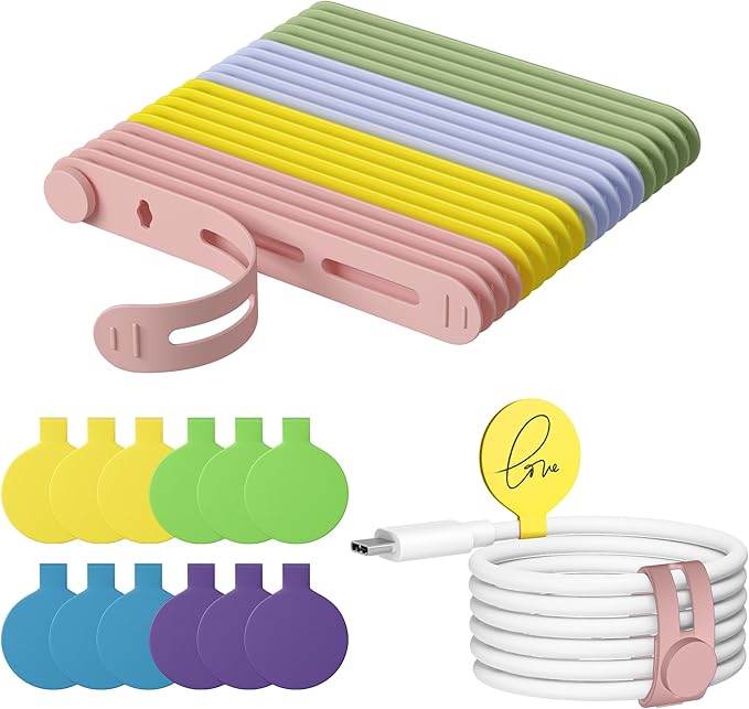 32Pcs Nearockle Cable Labels and Silicone Cable Ties Value Cable Management Set, 20 Cable Ties+12 Cord Labels for Electronics, Travel Home Office Desk Wire Organization(Multicolor)
