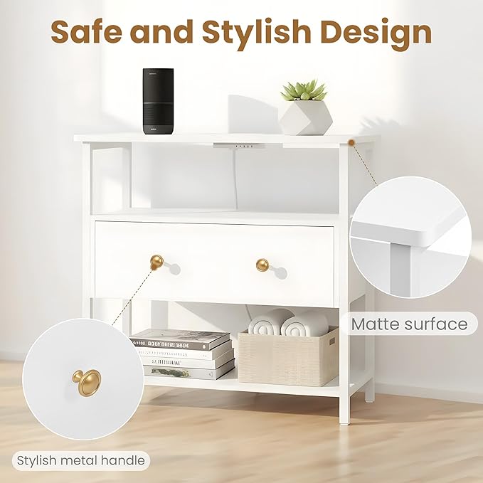 Edbuosy 27 Inch Wide Night Stand with Charging Station, Wood Nightstand with Open Shelf, Large Drawer Bedside Table for Living Room/Bedroom/Office (White)