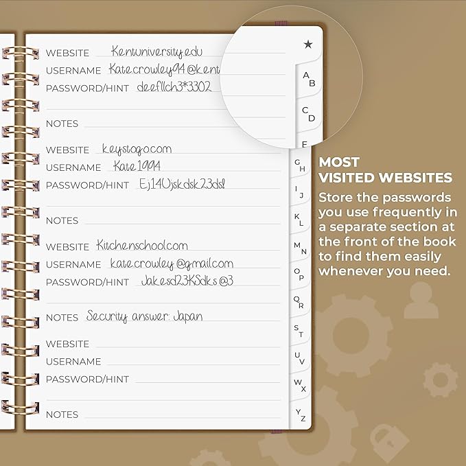 Clever Fox Password Book Spiral – Internet Address & Password Organizer with Laminated Alphabetical Tabs – Password Keeper Journal – Hardcover, Medium Size, 6.1x7.7” (Brown)