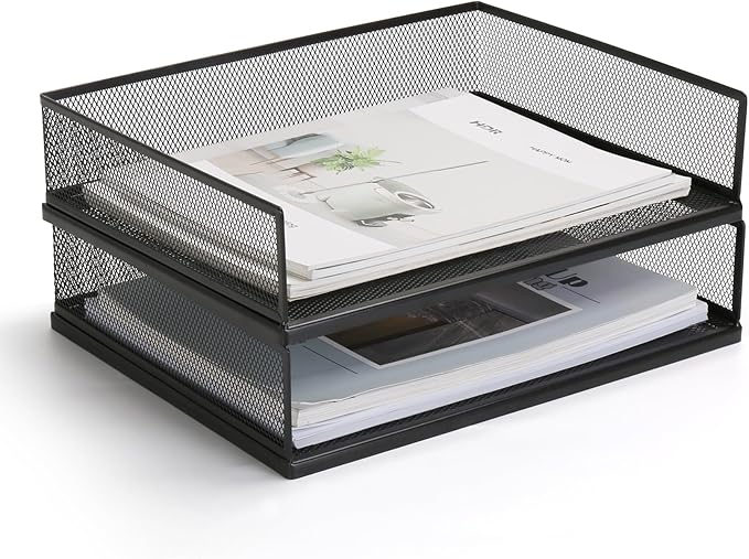 AZFUNN Wire Mesh Letter Trays Paper Tray Desk File Organizer, 2 Pack Stackable Metal Front-Load Documents Tray for Office Supplies File (Transverse)