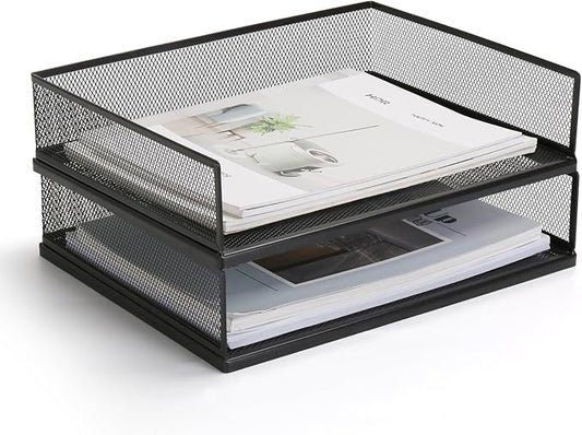 AZFUNN Wire Mesh Letter Trays Paper Tray Desk File Organizer, 2 Pack Stackable Metal Front-Load Documents Tray for Office Supplies File (Transverse)