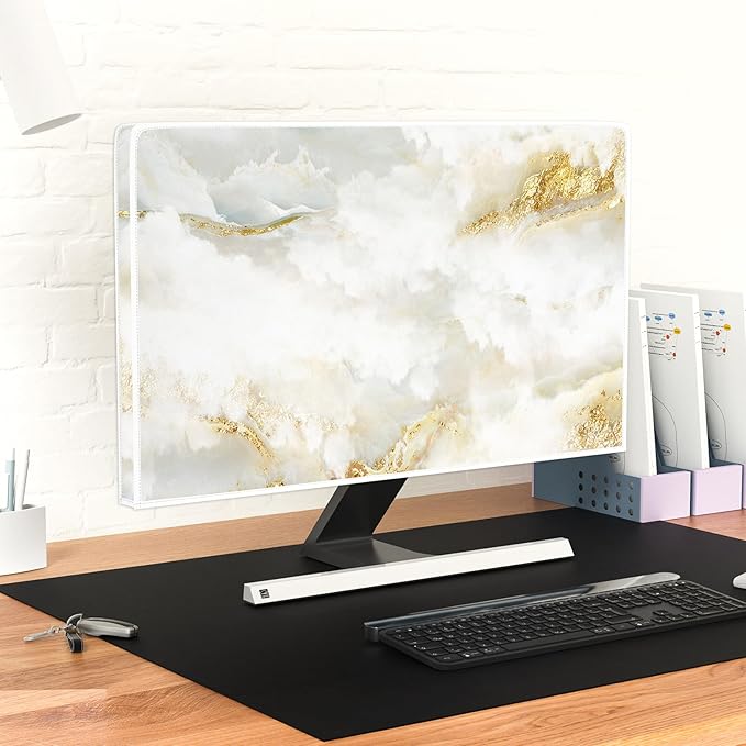 Baocicco White Gold Waterproof TV Display Screen Cover with Abstract Texture Marble Design 75 Inch Television Covers Sleeve Compatible with LCD LED PC Desktop and Home Hanging TV