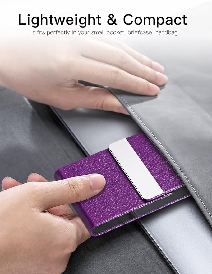 Padike PU Leather Business Card Holder for Women Slim Pocket Business Name Card Holder Stainless Steel Business Card Case with Magnetic Shut (Purple)