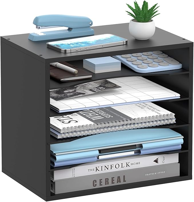 SHARKWOODS 5-Tier Wood Desk Organizer, Paper Tray Organizer for Desk with Adjustable Storage Shelves, Desktop File Organization Paper Sorter Mail Holder for Office Home Classroom, Black