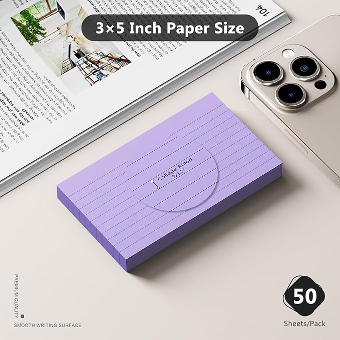250 Count Index Cards 3 x 5 Inch, Heavyweight Purple Lined Note Cards Portable Ruled Flash Cards Perfect for Studying and Organizing, Note Taking Study Flashcards for Home, School and Office