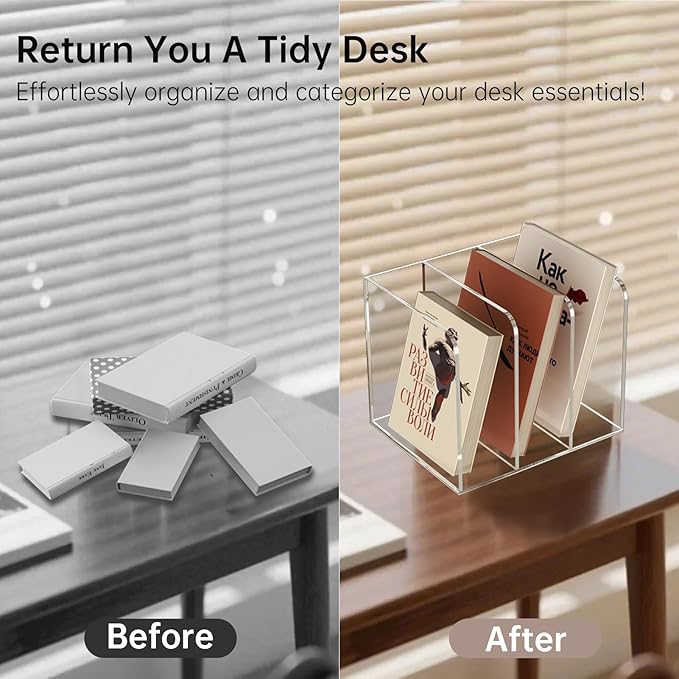 POCFOINY Acrylic Desk Organizer Book Organizer, Magazine File Holder, Vertical File Organizer Stand File Folder Holder, Mail Organizer Countertop Mail Sorter File Sorter, Clear Book Ends Book Holder