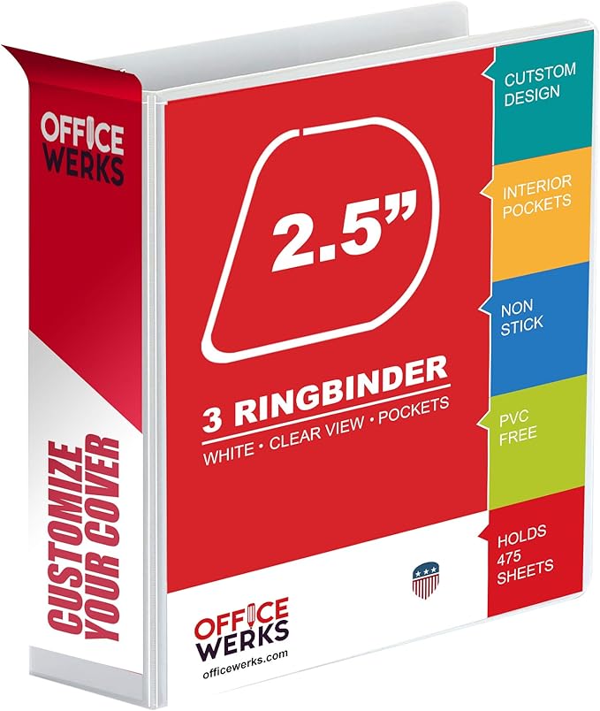 3 Ring Binder, 2.5" Professional Angle D-Rings, Presentation Folder for Standard Pages with Inside Pockets, Customizable Clear View White Binder (3.2" Spine)