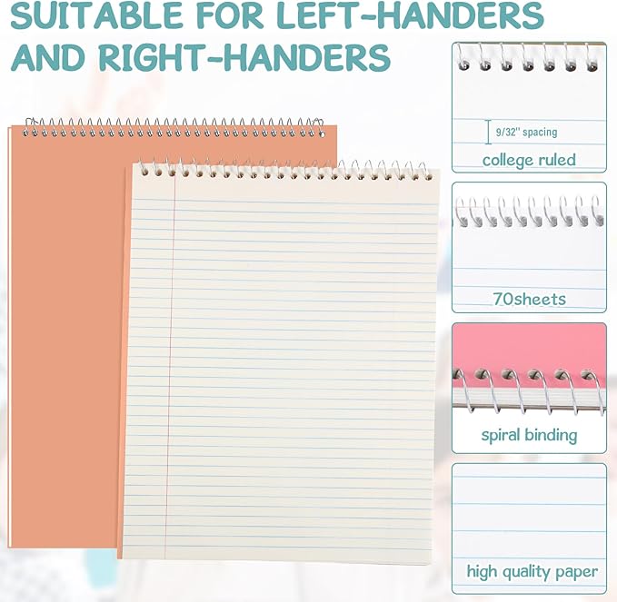 Maitys 6 Pcs Legal Pad Steno Spiral Notebook 8.5" x 11" Top Bound Spiral Pads Hard Cover College Ruled Notepad 70 Sheet Pad for School Office University Home (Grey Color,Metallic Style)