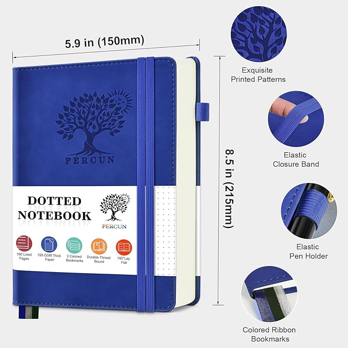 PERCUN Dotted Journal Notebook for Men & Women, 160 Pages Dot Grid notebook for Note Taking, Bullet Journaling Notebook for Work, School, Travel, Writing, A5 Hardcover 5.9" x 8.5" (Navy)